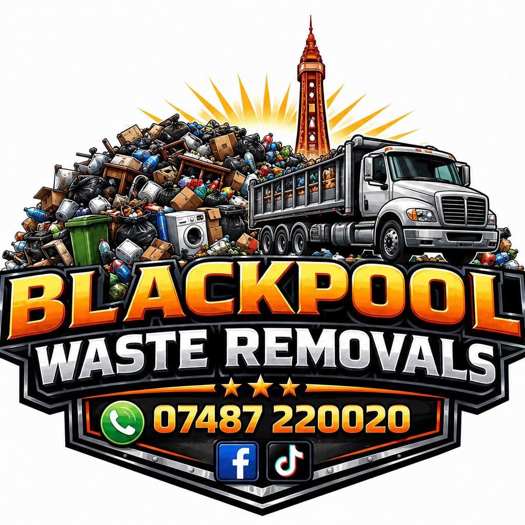 Blackpool Waste Removals logo with truck, waste pile and phone number